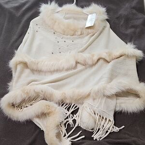 Elegant Cream Faux Fur Trimmed Sweater